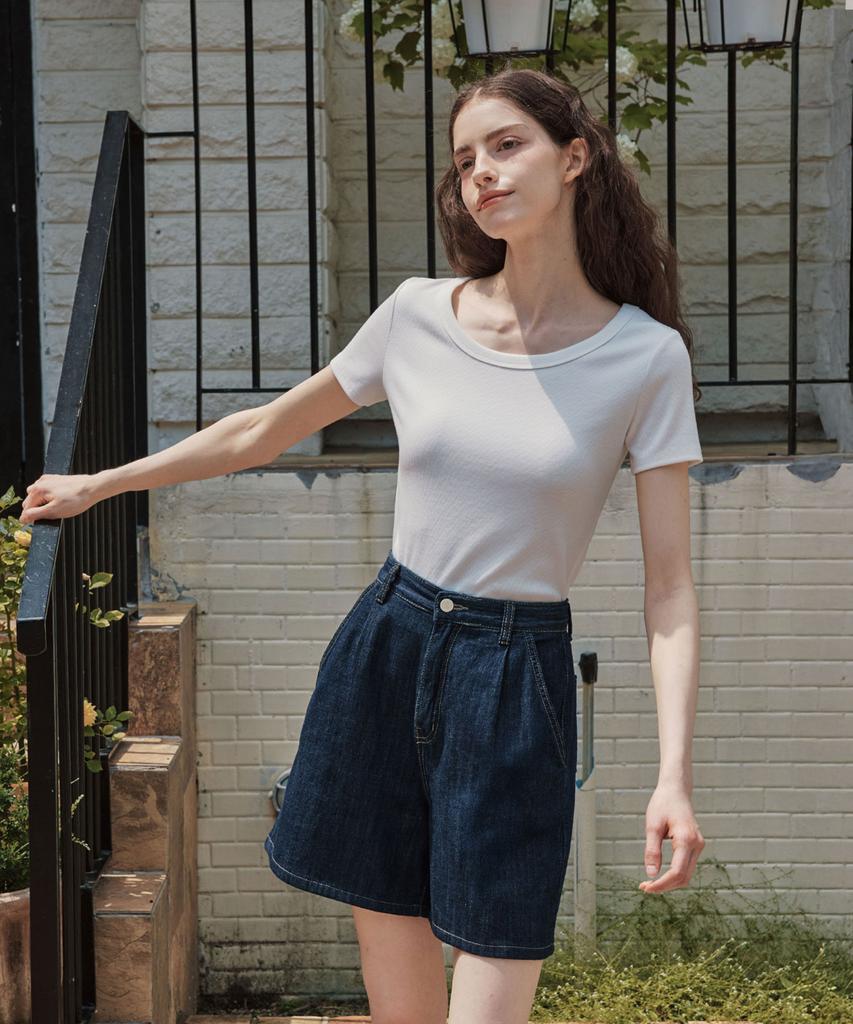 ZEROSTREET [2 Colors] Ribbed U-Neck Short Sleeve T-Shirt
