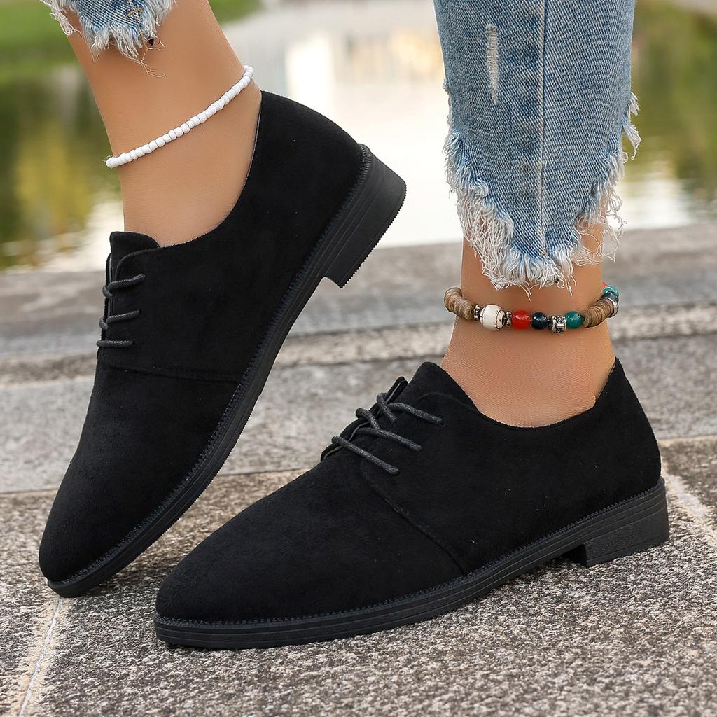 Módní Retro Dámské Baleríny Ležérní Semišové Jednobarevné Jednoduché Boty Dámské Šněrovací Špičaté Boty 2025 Jaro Podzim Mokasíny na Silném Podpatku