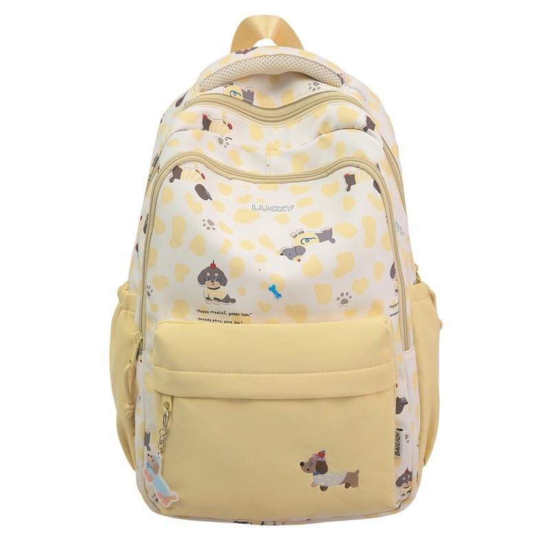 Cute Dachshund Dog Cartoon Printed Student Backpack With Pendant School For