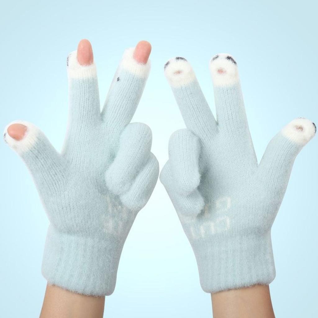 Knitted Touchable Screen Gloves Winter Full Finger Mittens Stretchy Warm Three Finger Exposed Gloves for Girls Teens