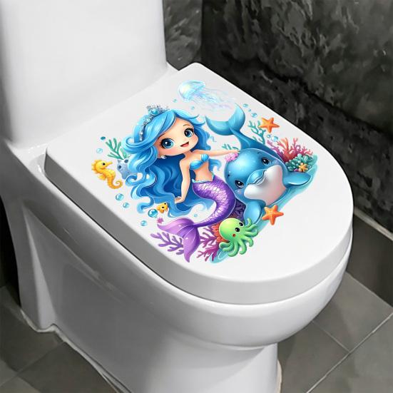 Toilet Sticker, Traceless Tear-Off Design Waterproof PVC Decal, Self-Adhesive Ocean Mermaid Pattern Bathroom Sticker with Dolphins Jellyfish Seahorses