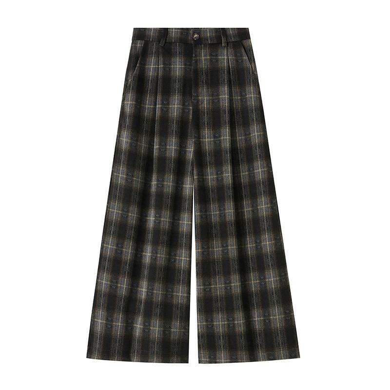 Pantaloni da donna in pile a quadri a gamba larga invernali casual dritti