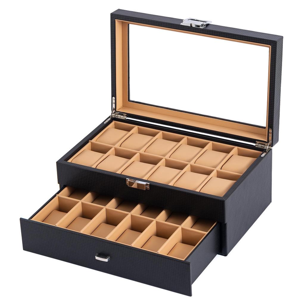 24-Piece Double Layer Carbon Fiber Watch Storage Box