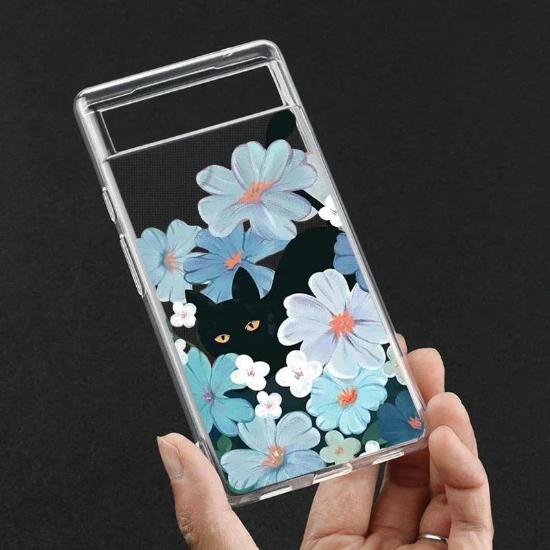 For Google Pixel 7 6 Pro Case Clear Soft TPU Transparent Back Cover Pixel 7Pro 8A Cat Flowers Phone Case for Google Pixel 7A 5G Pixel 7