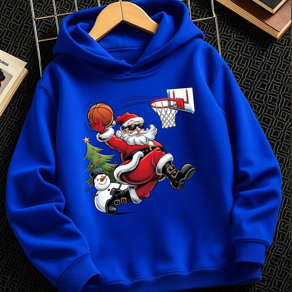 Santa Claus Playing Basketball – Trendy Casual Hoodies for Boys and Girls (Autumn/Winter), Suitable for Outdoor Activities