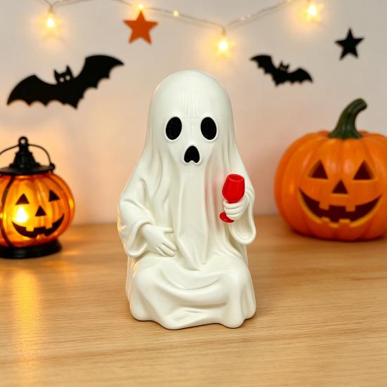 Interesting Party Supplies for Adults 3D Printed Ghost Figurine with Wine Glass, Funny Halloween Desktop Dark Style Decorations Decor Statue, Novelty