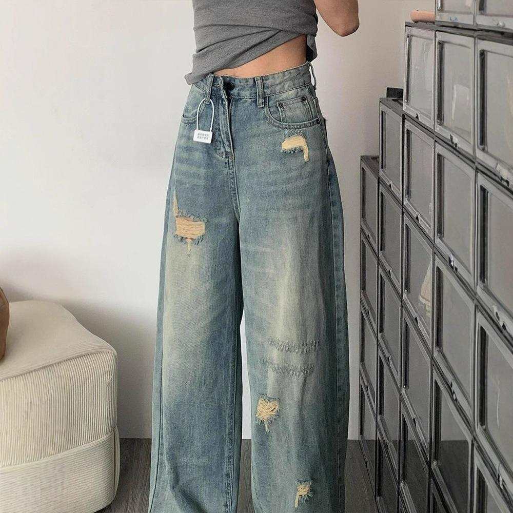 Fashionable Comfortable Jeans Women Broken Hole Smaller Straight Large Yard High Waist Drag Floor Wide Leg Long Pants Jeans for Women Long Denim Pants