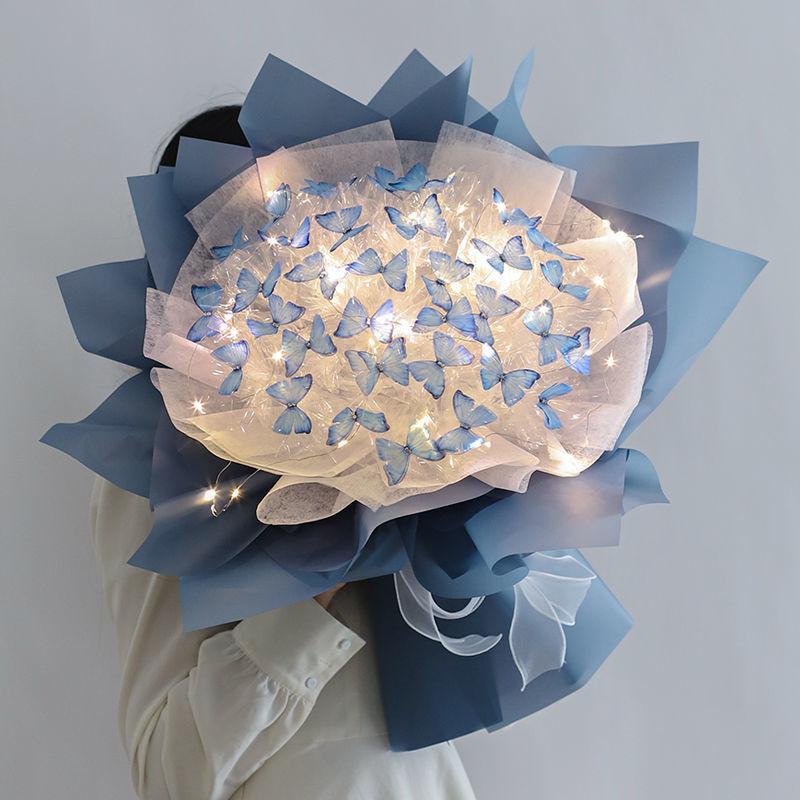 Handmade Butterfly Bouquets Material Set with Light String Flower Package Wrapping Paper Wedding Birthday Party Decoration Gift