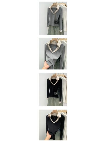 Camicia da Donna a Maglia con Collo Polo Spliced di Design, Look Elegante a Due Pezzi, Autunno/Inverno 2026.