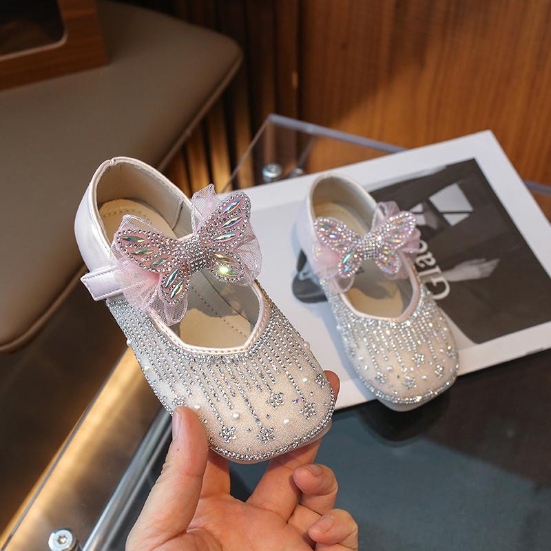Girls Mary Janes for Party Wedding Shows Cute Children Fashion Butterfly 2024 New Rhinestones Elegant Princess Flats Korean Wind