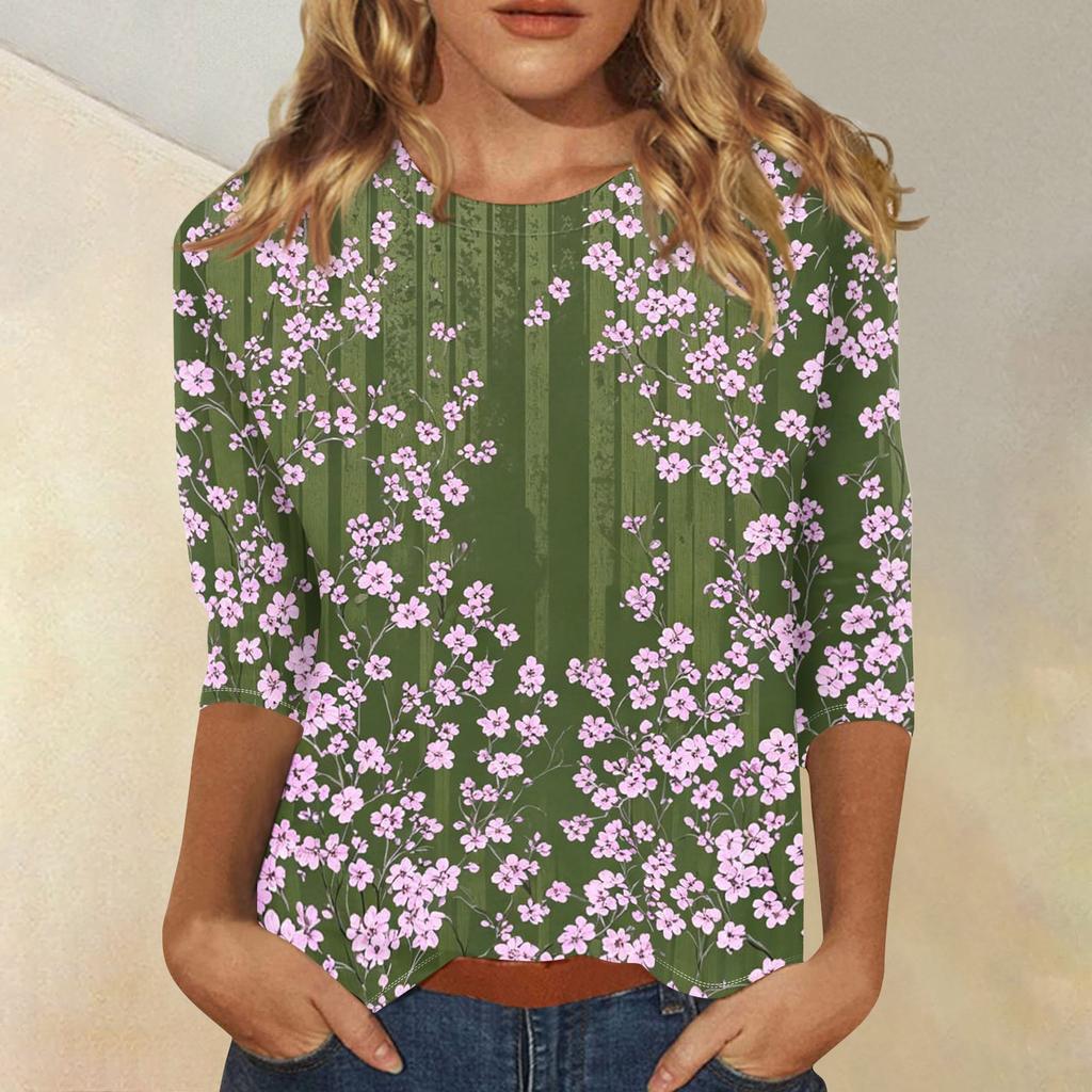 Damen Casual Blumenmuster Dreiviertelarm Rundhalsausschnitt Oberteil Leicht Bequem Sitzend Weicher Stoff Bluse für den Alltag