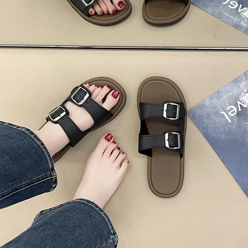 Women's Summer Versatile Square Buckle One-Strap Non-Slip Slippers for Home, Bathroom, and Beach