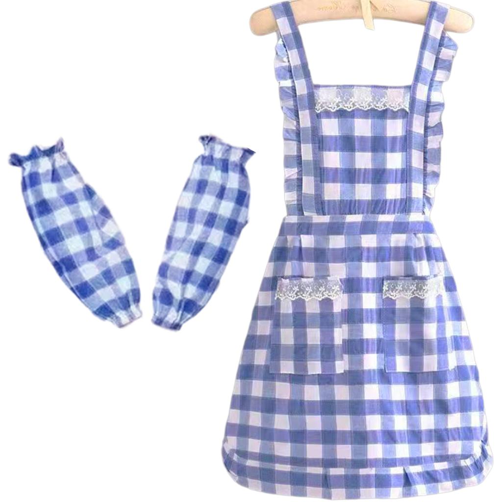 Blue Checkered Kitchen Apron With Attached Sleeve Covers Polyester Cotton Blend Stain Resistant Cooking Apron Workwear