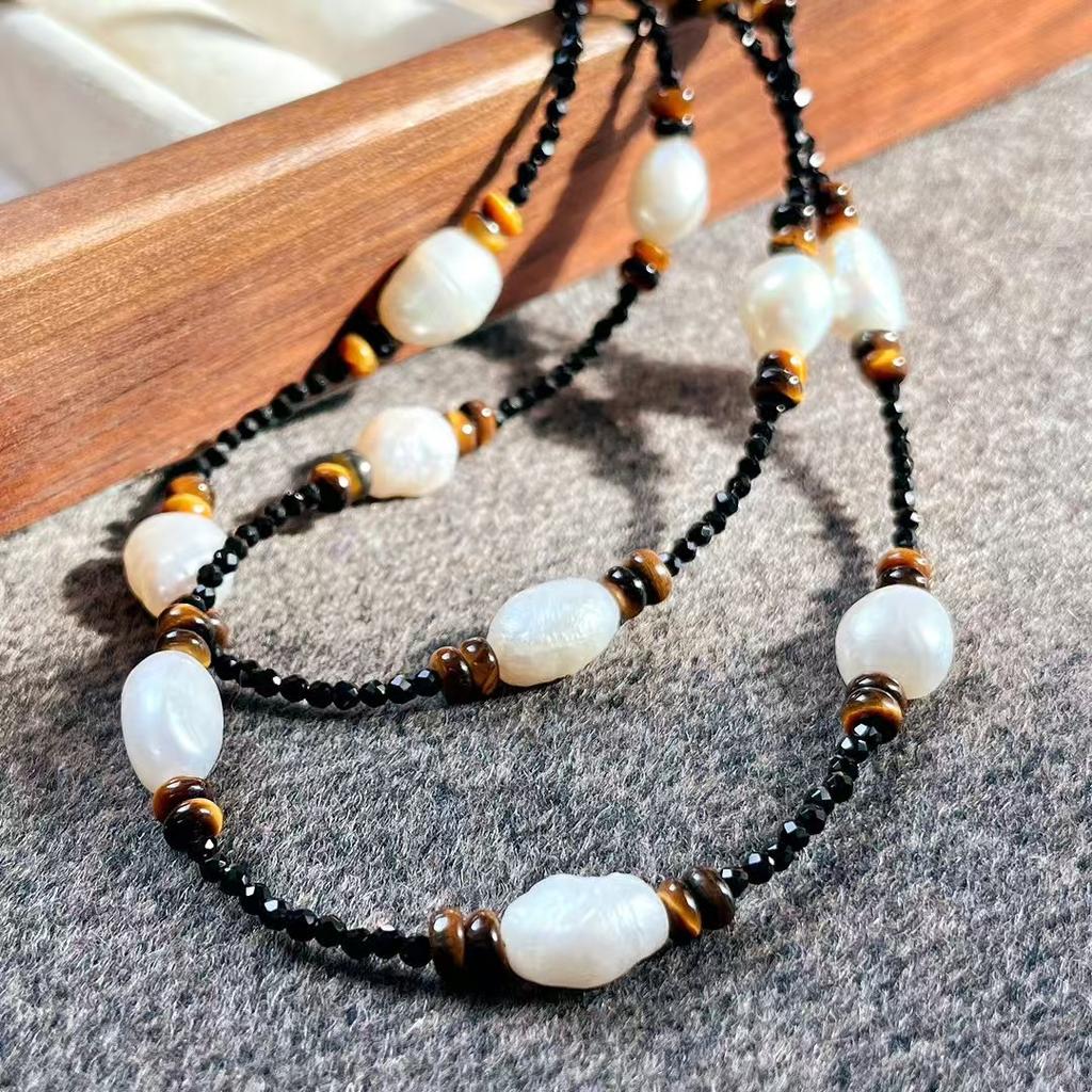 Vintage Maillard Style Natural Freshwater Pearl Tiger'S Eye Stone Sweater Chain Necklace