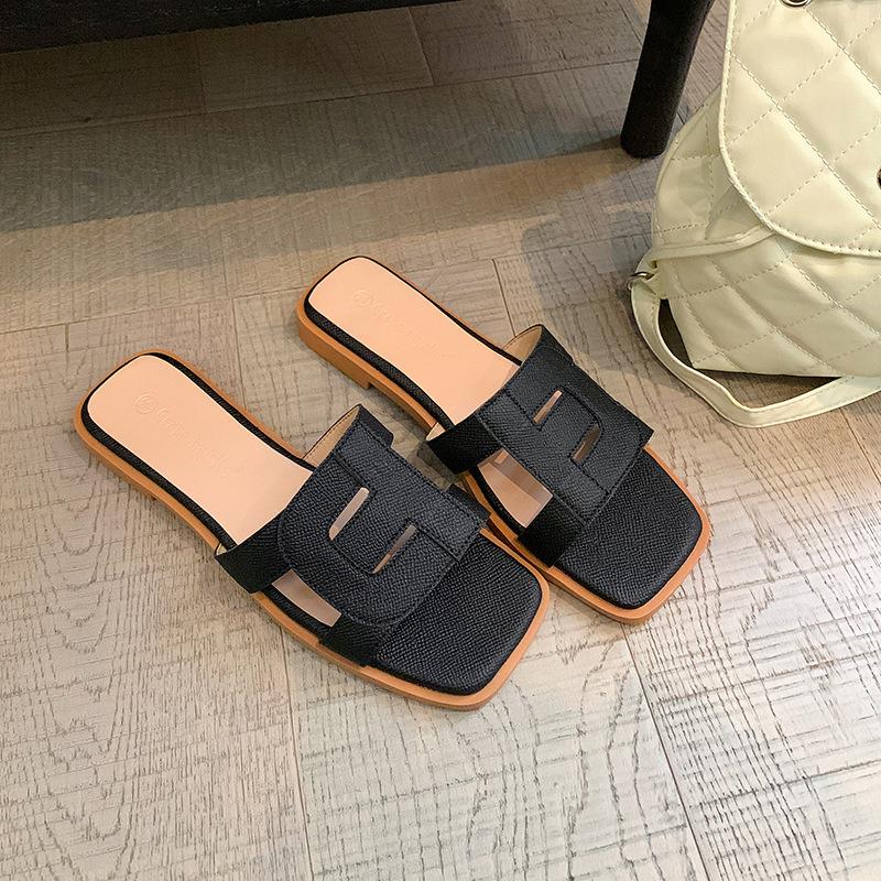 Slimming Shoes Square Toe Soft Sole Versatile Flat One-line Beach Slippers for Women