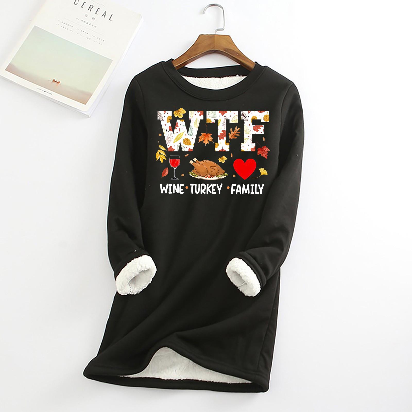 

Женский утолщенный флисовый свитер с изображением винной индейки, семейный, на День благодарения, теплый, с круглым вырезом, с принтом «семья» XXL чёрный