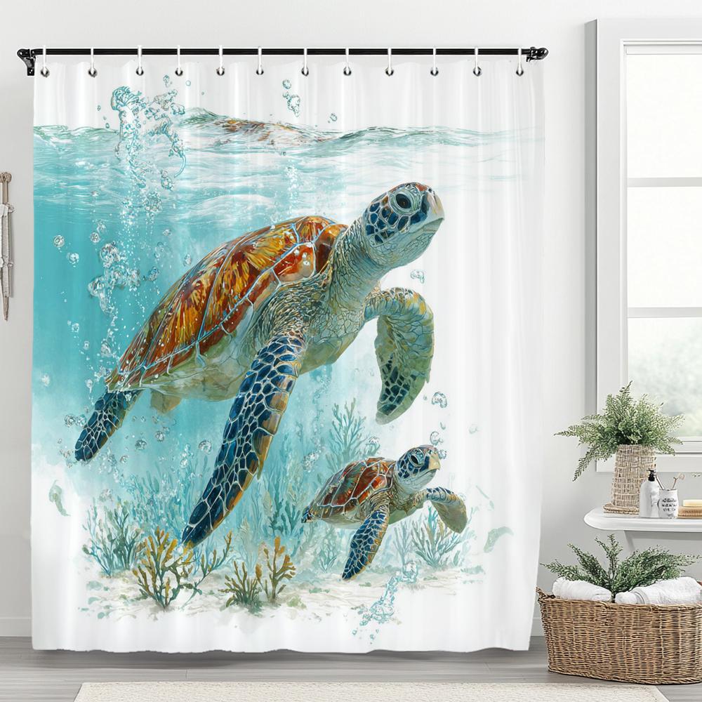 Underwater World Dolphin Turtle Shower Curtain,Ocean Animals Polyester Fabric Bathroom Curtains for Home Decoration Curtain