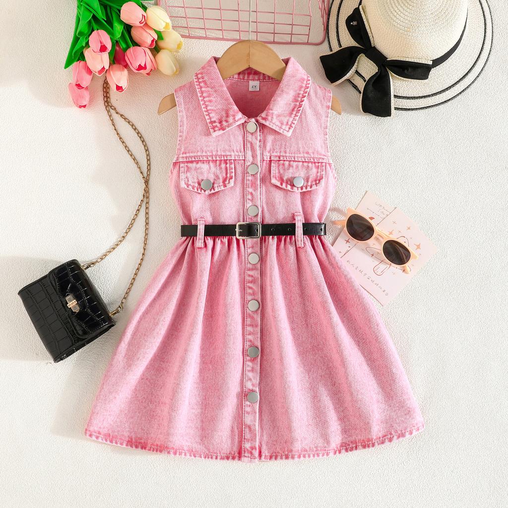 Girls Sleeveless Denim Dress with Belt, Button-Down Shirt Style Casual Summer Outfit