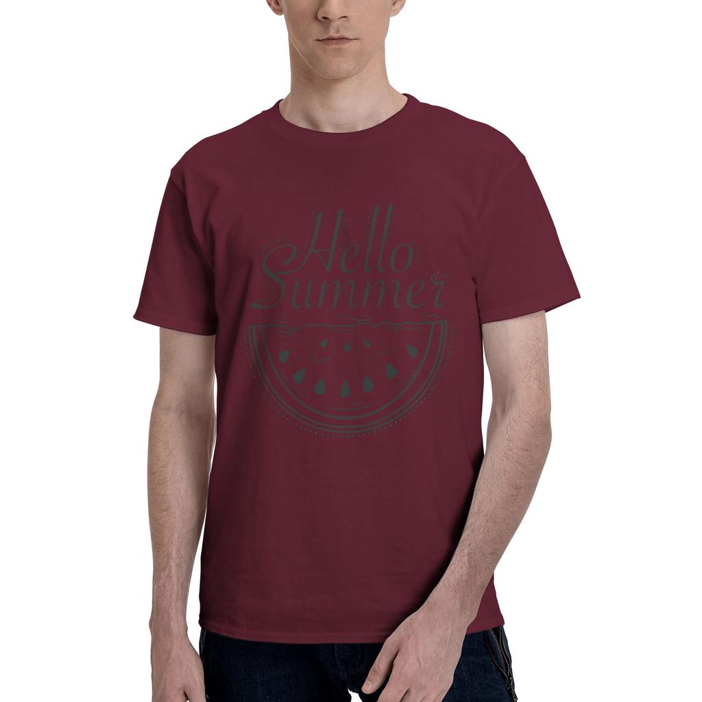 Hello summer Men T Shirts Watermelon print Humorous Tee Shirt Short Sleeve Round Collar Pure Cotton Adult Tops TShirt