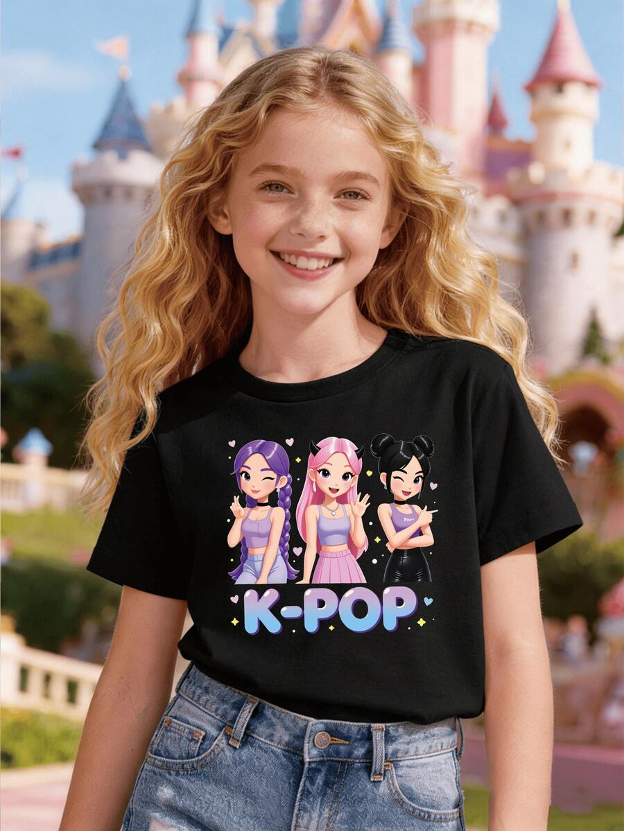

Girls Fan Concert Idol Comic Spring/Summer Girls Fun Letter Casual Fashion Short-Sleeve T-Shirt In Multiple Colors Sporty And Energetic Gift 110 чёрный