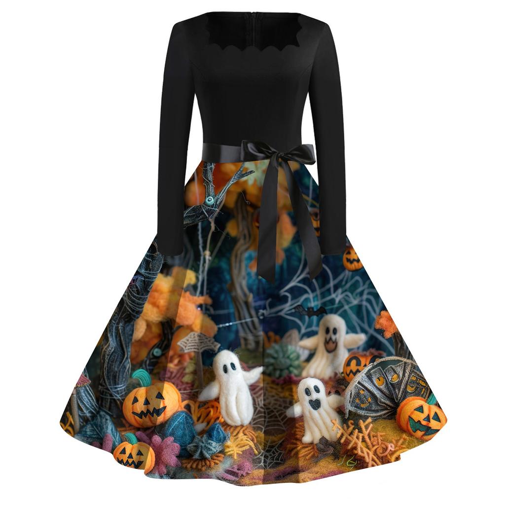 Women's Casual Fashion Halloween Printed Square Neck Vintage Dress
