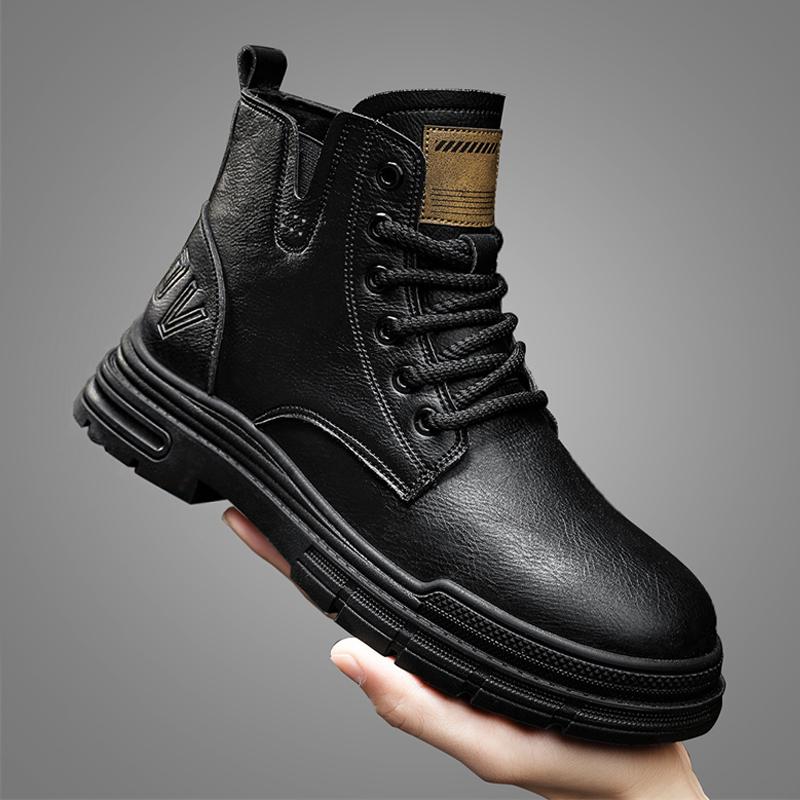 Modne Casualowe Buty Motocyklowe Botki Męskie Mokasyny Wysokie Okrągły Nosek Skórzane Buty Bezpieczne Wysokie Buty Męskie Buty Casualowe Moda Zimowa