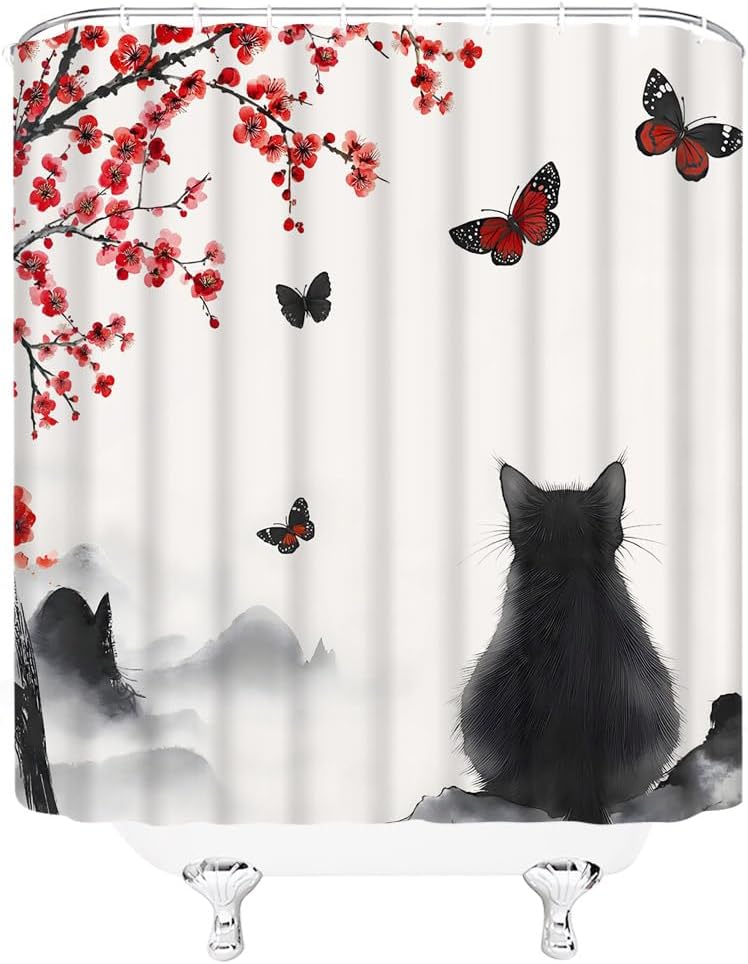 Japanese Shower Curtain Asian Style Traditional Ink Painting Cherry Blossom Plum Black Cat Vintage Bathroom Decor Curtains Set
