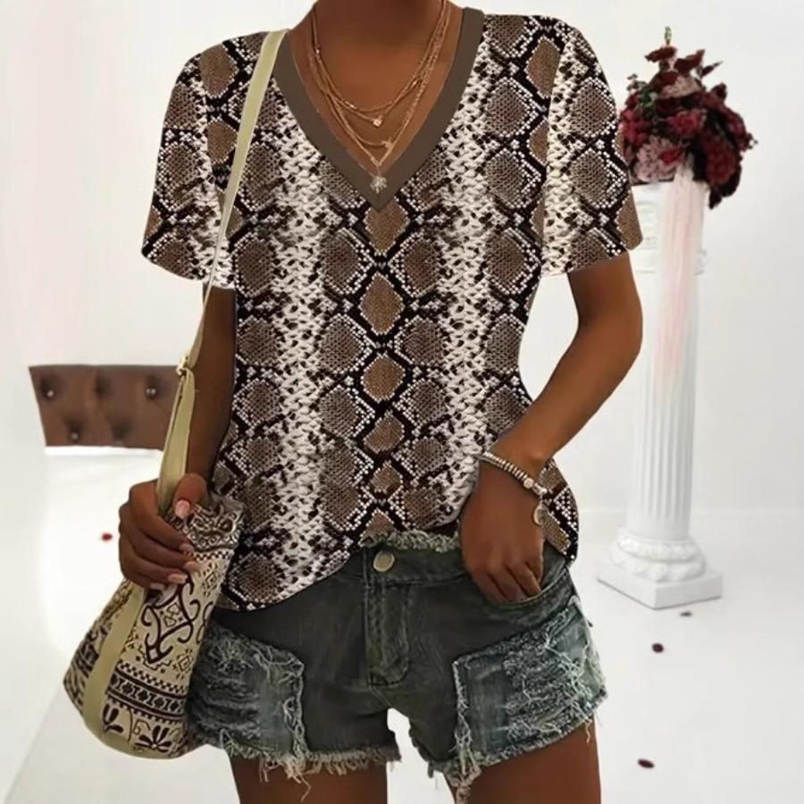 vintage women skull leopard print t shirt short sleeve v neck tops comfortable t-shirts
