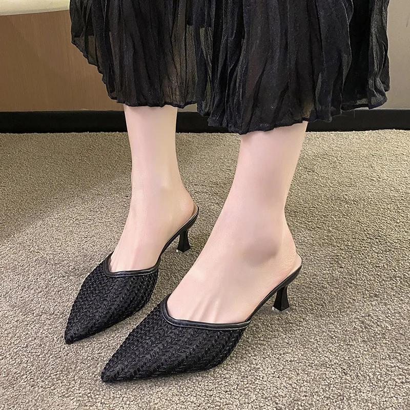 Minimalist Fashion Slippers 2024 Summer New Women's Slim Heel One Line Ladies Fashion High Heel Slippers Women Shoes