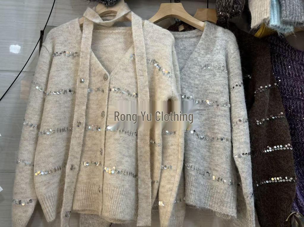 Women's Autumn/Winter Loose Waist-Cinching Fluffy Cardigan - Korean Retro V-Neck with Flowing Ribbon & Sequin Knit