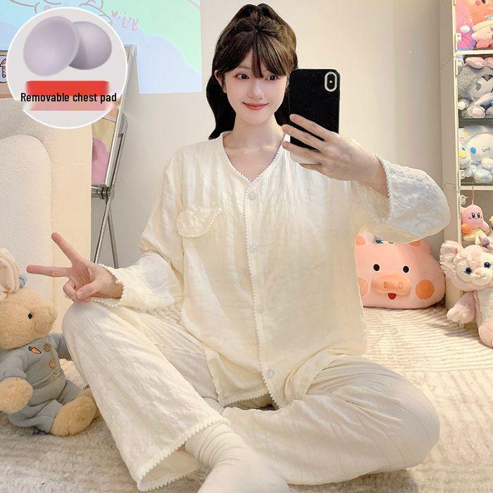 Women's Cloud Cotton Lace Pajama Cardigan Set - Spring & Autumn Collection
