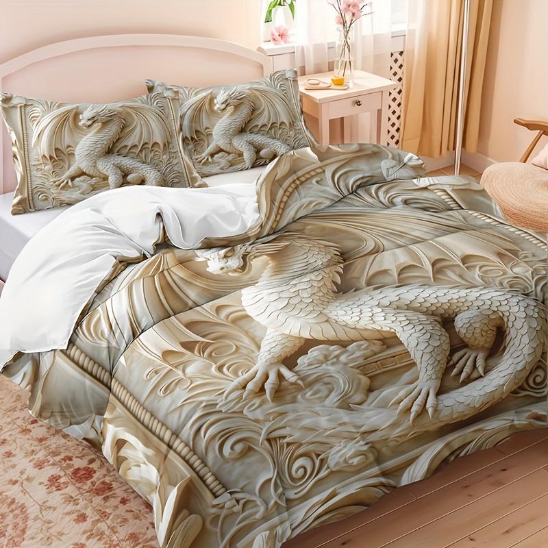 3-teiliges Drachen-Totem-Bettbezug-Set, HD-Digitaldruck, atmungsaktive Polyester-Bettwäsche mit Kissenbezügen, Ganzjahreskomfort für Zuhause