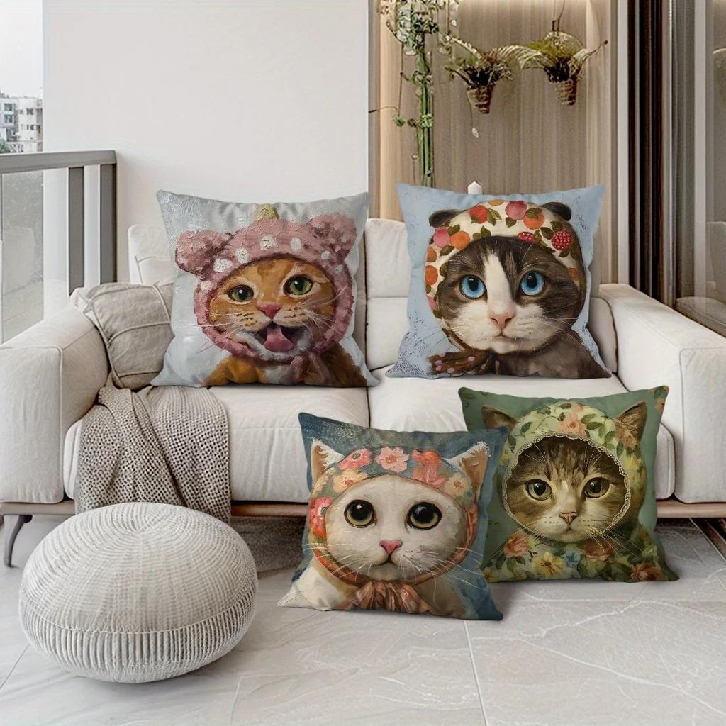 Home Decor Cute Cat With Floral Headwear Pillow Covers Pattern Cushion Cover Suitable For Sofa Bedroom Car Pillow Cover