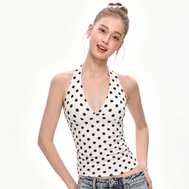Halter V-Ausschnitt Weste Damen Y2K Schnürung Rückenfrei Polka Dot Print Skinny Sommer Mode Täglich Straße Basic Tanktops