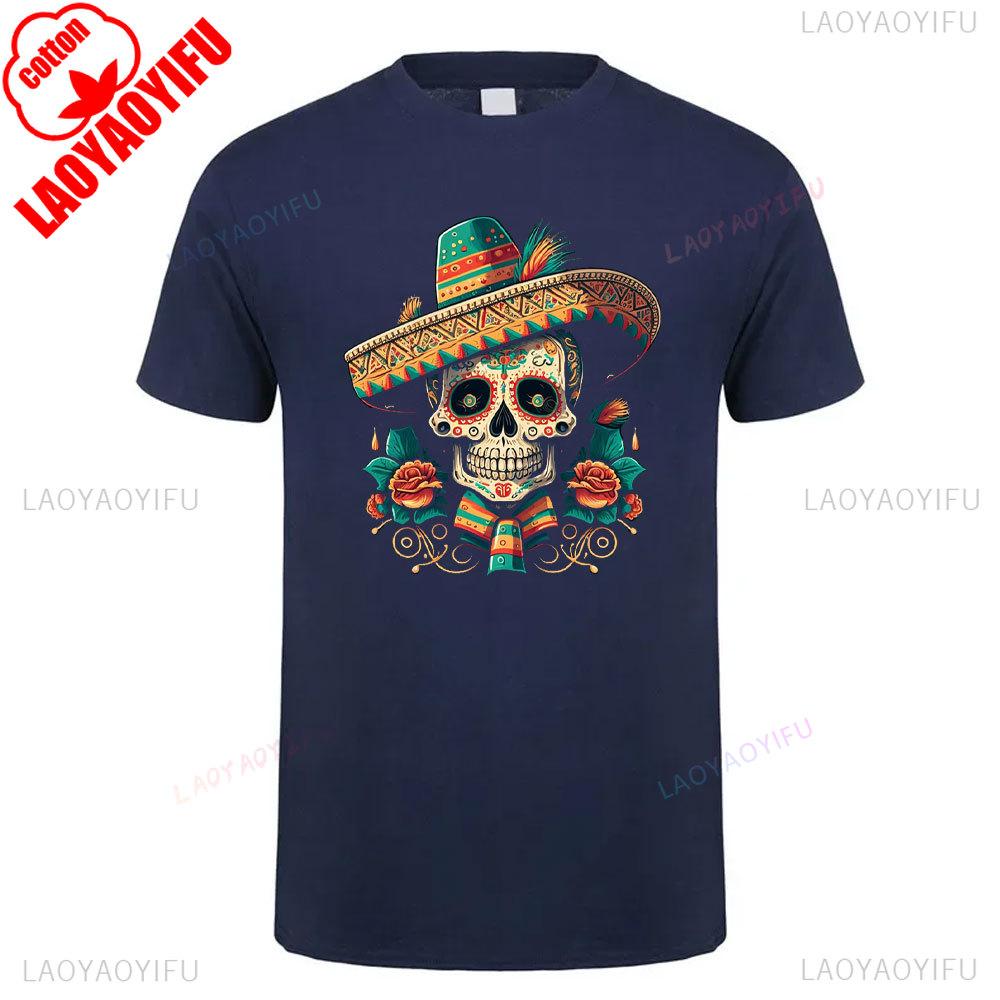 Cotton Summer Short Sleeve Mexican Skull Unisex Tee Round Neck Breathable Vintage Pattern Graphic Shortsleeved Launched Top