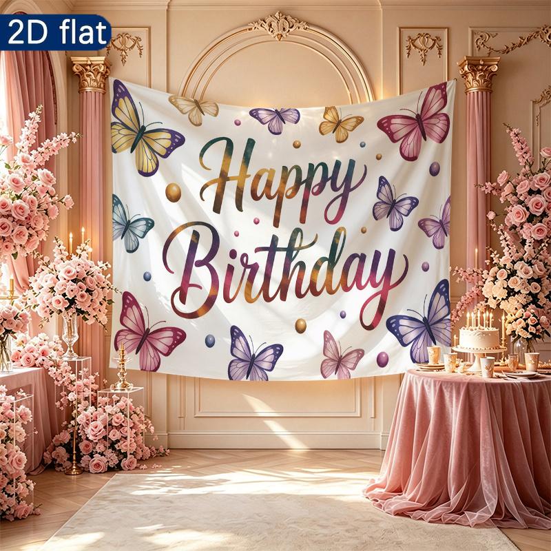 Colorful Butterflies Gifts Birthday Banner, Colorful Polyester Backdrop for Party Decorations