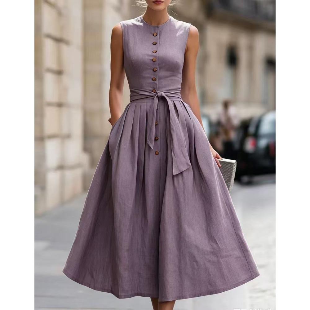 Women's Crew Neck Sleeveless Midi Dress Slim Fit Mid Waist Elegant Linen Blend Solid Color Button Front Tie Belt A-Line Dress