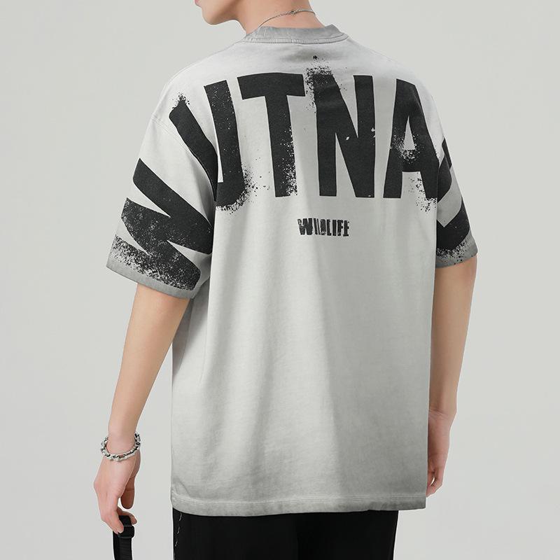 Retro Tie-dyed Letter Printed Short-sleeved T-shirt for Men and Women Loose Couples