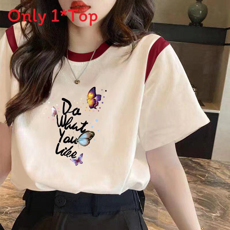 Floral Butterfly Print Short Sleeve T Shirt For Women With Splicing Cotton Relaxed Fit Summer Casual Wear