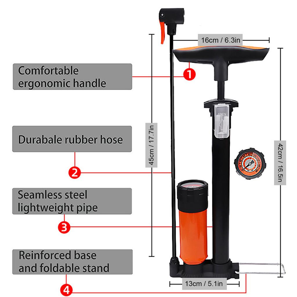 Mountain Road Bike Tyre High Pressure Air Pump Portable Home Inflator Tool with Accurate Barometer for Indoor and Outdoor