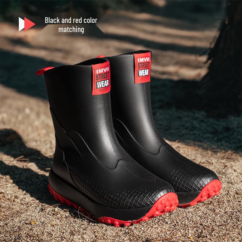 

Мужские непромокаемые резиновые сапоги до середины икры, легкие, нескользящие - Мода 2025 41 чёрный/красный