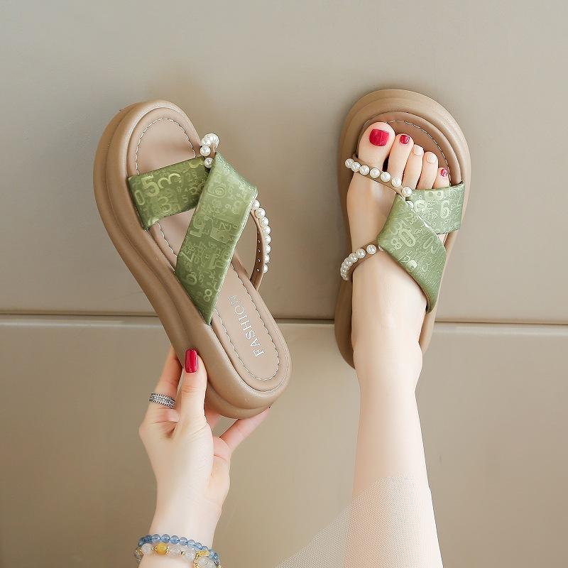 Cool Slippers 22 Summer New with Skirt Fairy Wind Beaded Thick Bottom Crossed Beach Slippers