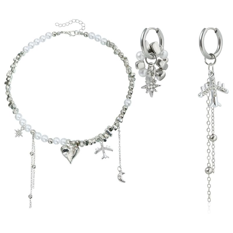 Unique Moon Jewelry Set Delicate Plane Star Moon Charm Necklace and Earrings Alloy Texture Suitable for Daily Wear 1