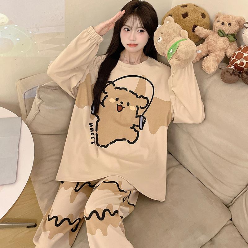 Autumn and winter sweet casual pajamas women's round neck long-sleeved trousers set loose can be worn outside spring and autumn women's loungewear