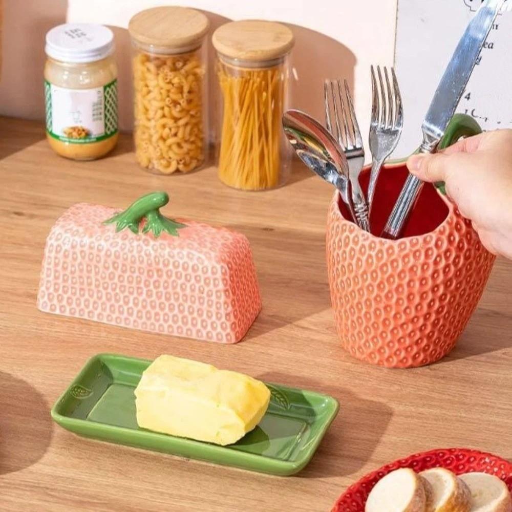 Strawberry Shape Butter Freshness Jar Ceramic Chopstick Tube Butter Box Butter Dish Restaurant
