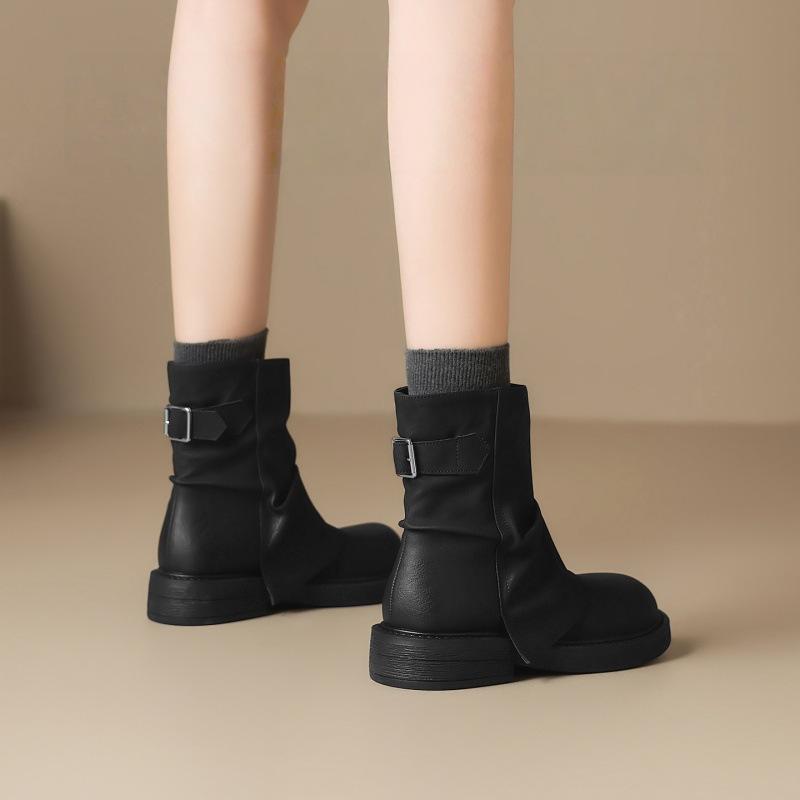 

Korean mid-tube boots women s pants tube boots 2025 winter thick heel round head stacking boots flat-bottomed pleated boots knight boots 40 чорний