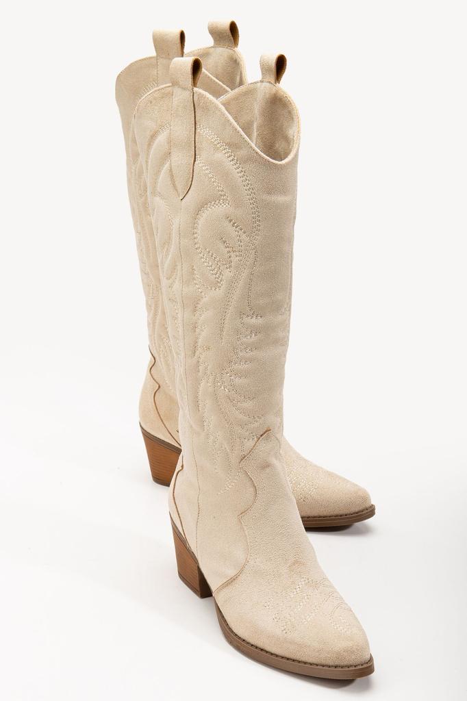 Women Modern Stylish Fashion Boots Boots Faux Leather Suede Beige Cream Nude Matte Suede Embroidered Embossed Western Cowboy Boots Boots