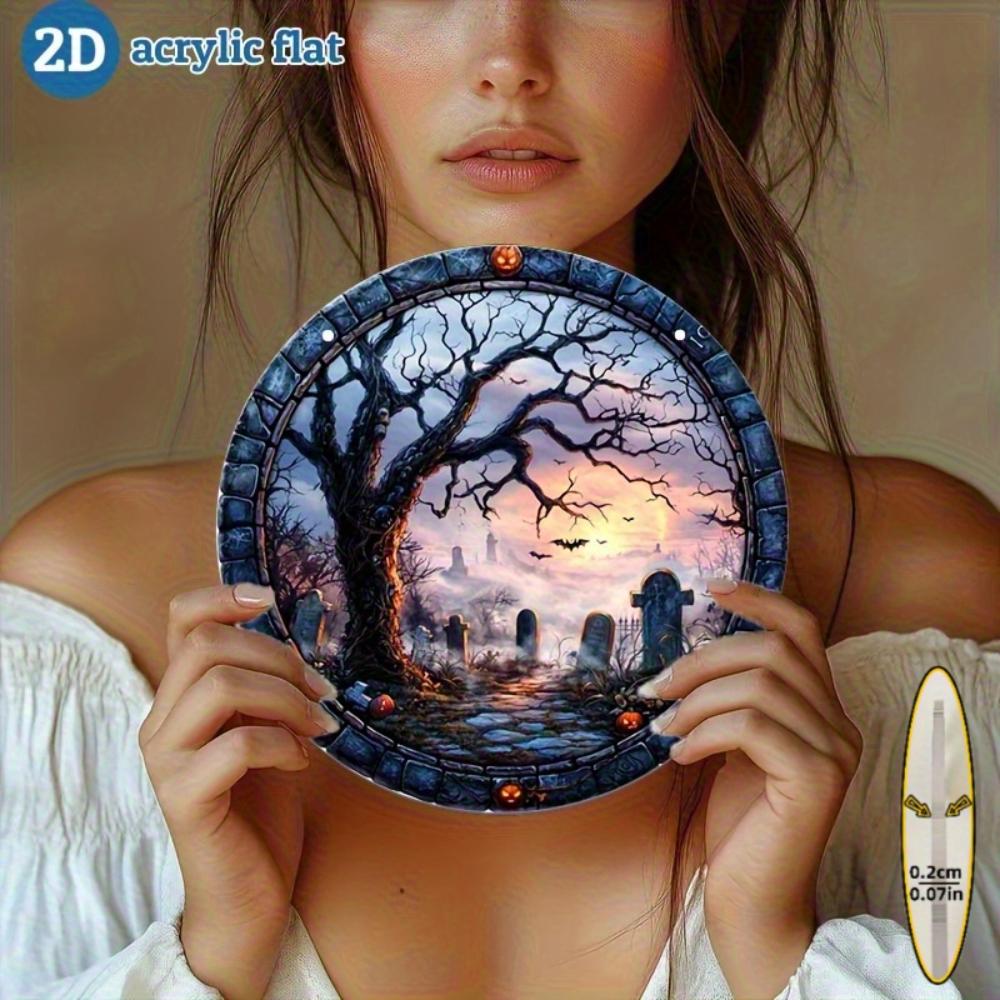 2D flat round acrylic pendant, Halloween cemetery bat and pumpkin pattern art decoration plaque, for window, wall, porch, classroom, yard  decoration