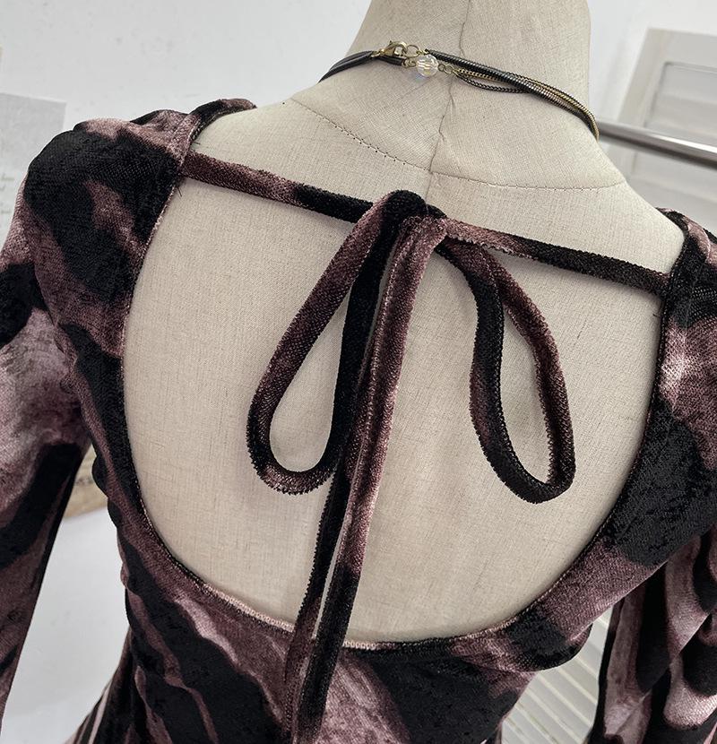 Damen Exklusives rückenfreies Leopardenmuster Schnürung Langarm Slim Fit Oberteil