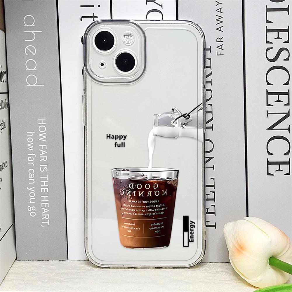 Funny Iced Coffee Phone Case for IPhone 16 15 14 12 11 Pro 13 Max Mini XR X SE4 7 8 16 Plus Cute Cartoon Matcha Milk Clear Cover